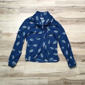 Vintage blue floral bow collar blouse button up